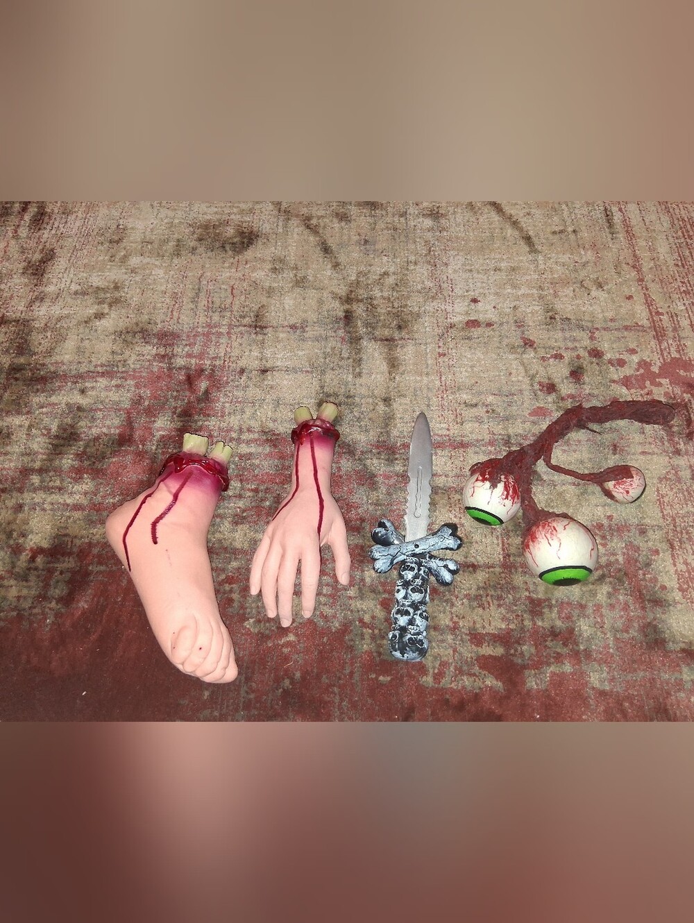 Halloween Prop Set – Faux Severed Hand, Foot, Dagger & Eyeballs - Pink